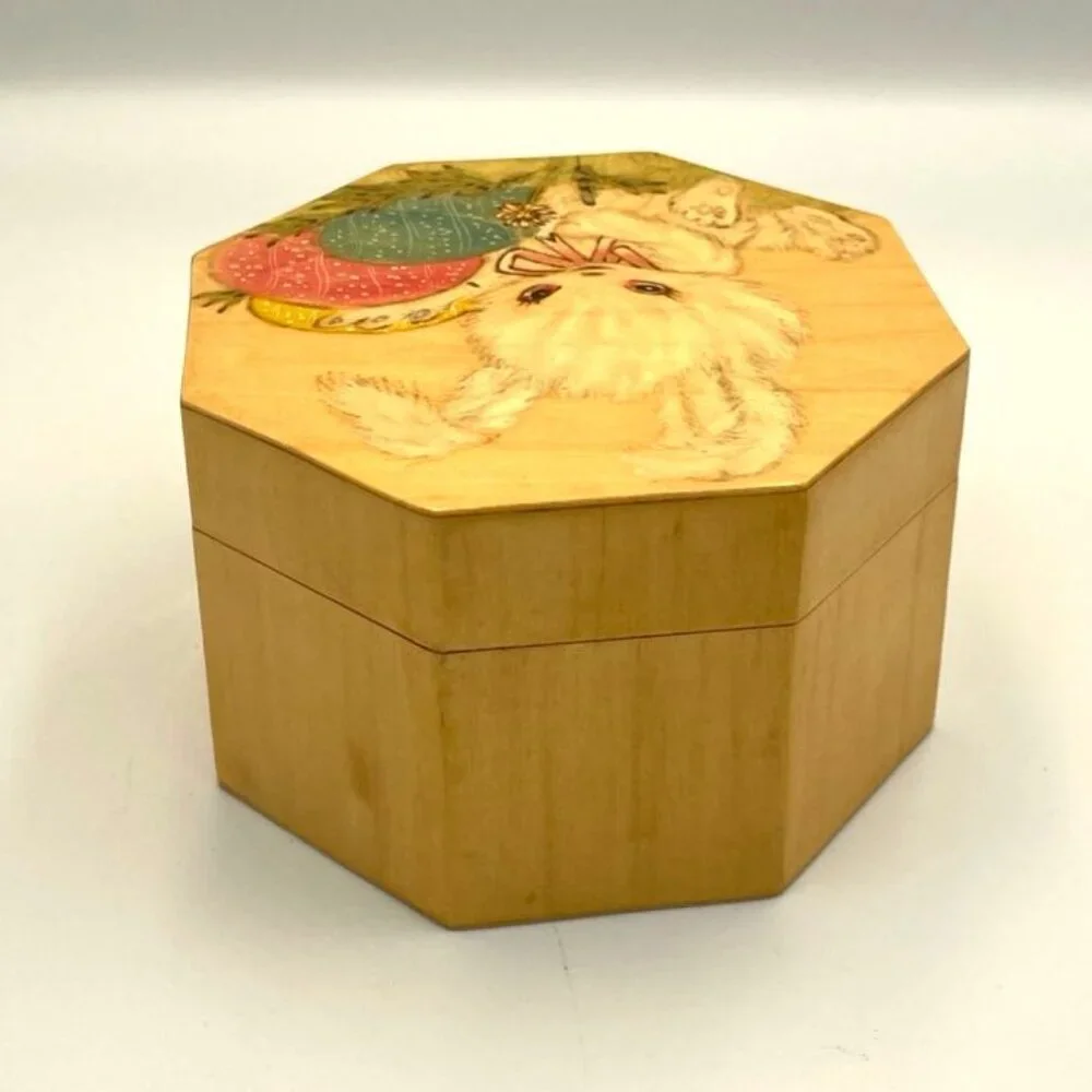 Vintage Octagonal Wooden‎ Trinket Storage Box Bunny Rabbit Easter Eggs